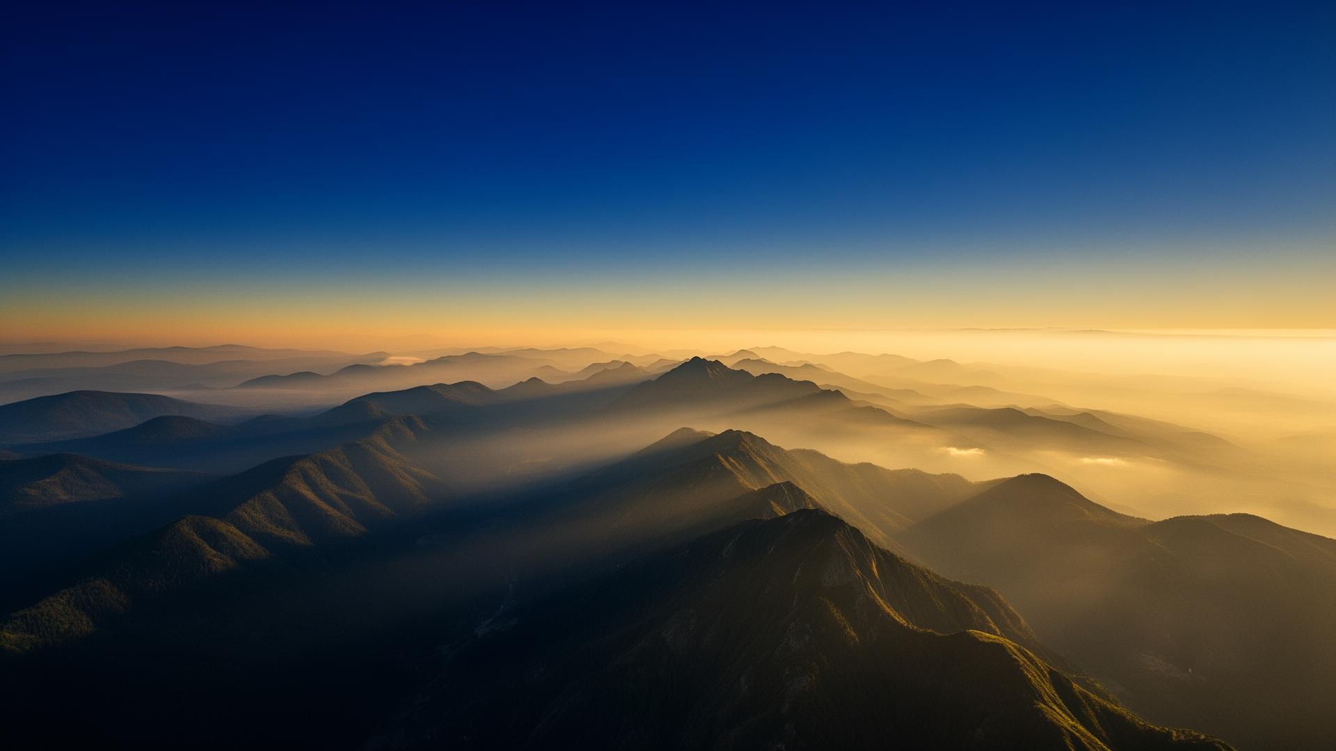 Soft dawn light over still mountains